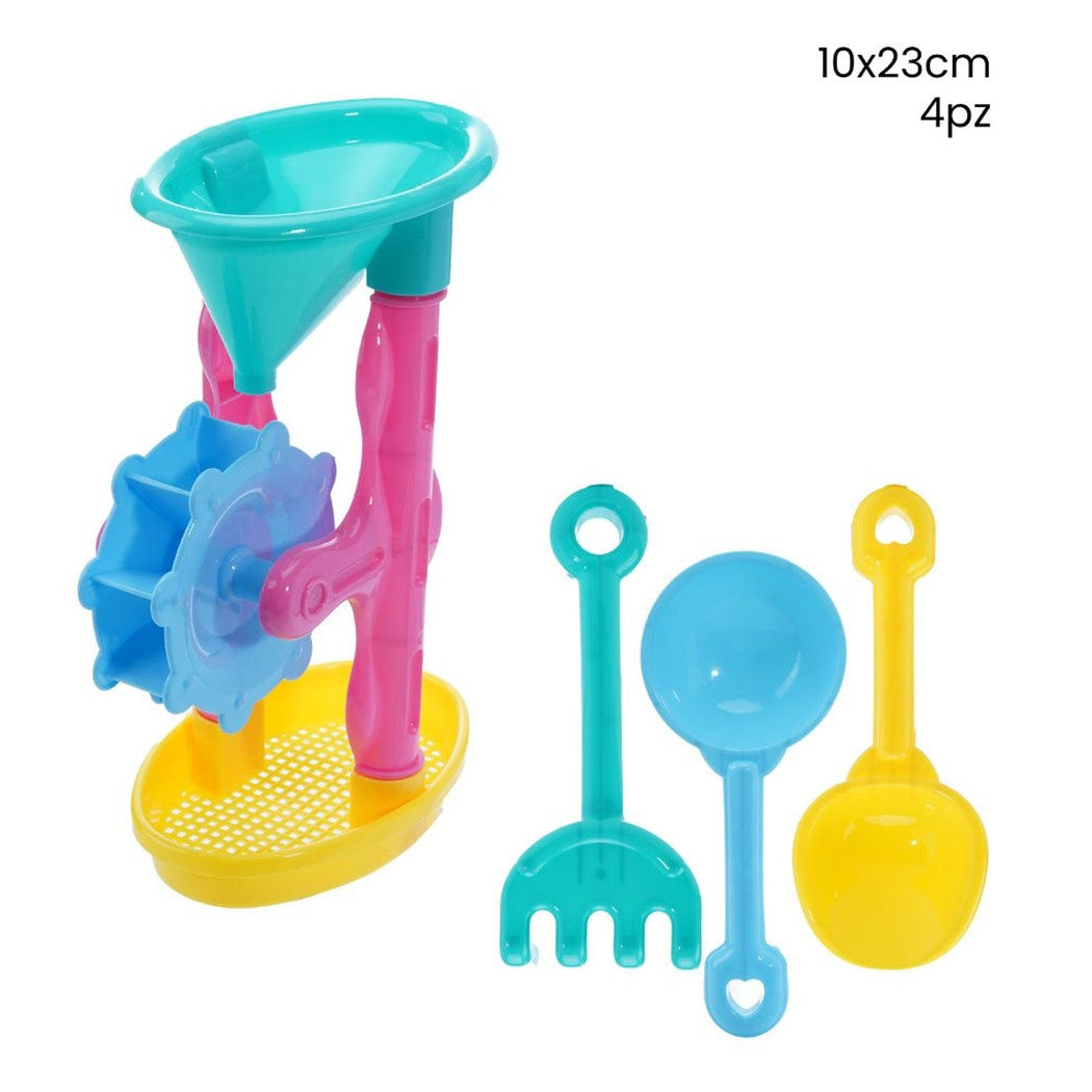 Trade Shop - Set Giochi Da Spiaggia Per Bambini 4pz Con Mulino Rastrello Palette 10x23cm 258268 -