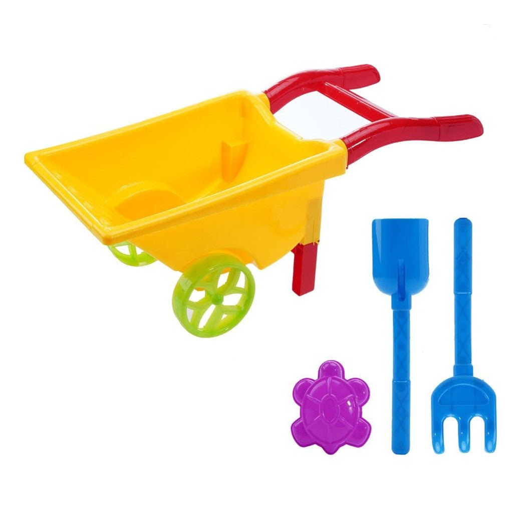 Trade Shop - Set Giochi Mare Spiaggia 4pz Con Carriola 18x44cm Rastrello Paletta Formina 258296 -