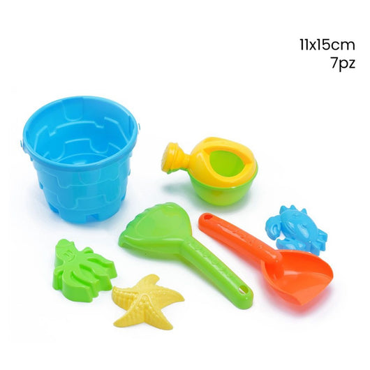 Trade Shop - Set Giochi Sabbia 7pz Secchiello Palette Formine Innaffiatoio Per Bambini 11x15cm 258298 -
