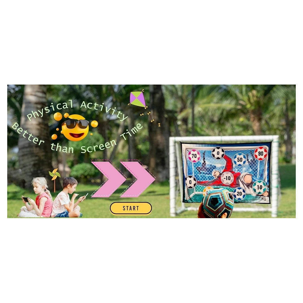 Trade Shop - Set Gioco Per Bambini 8pz Pallone Da Calcio Picchetti Ganci Bersaglio Adesivo 60"x40" -