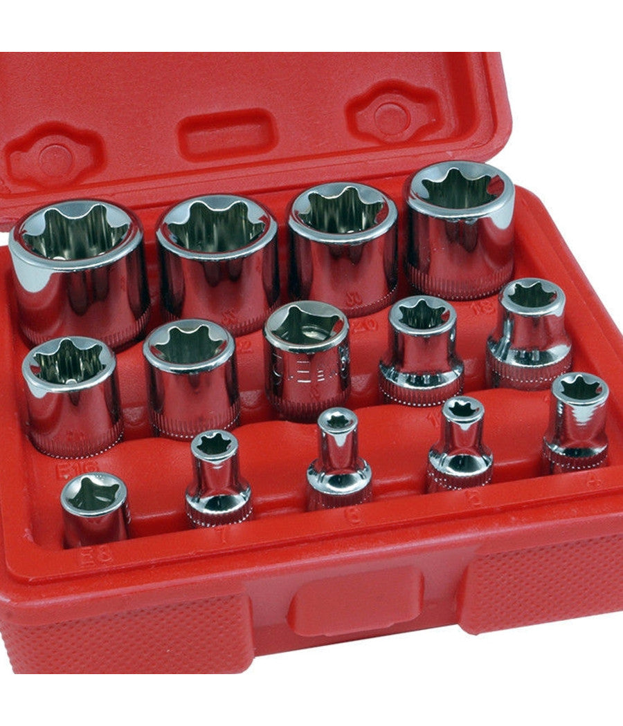 Set Kit 14 Pz Chiavi A Bussole Torx In Lega Da 4 A 24 Mm Attacco 1/2" 1/4" 3/8"         