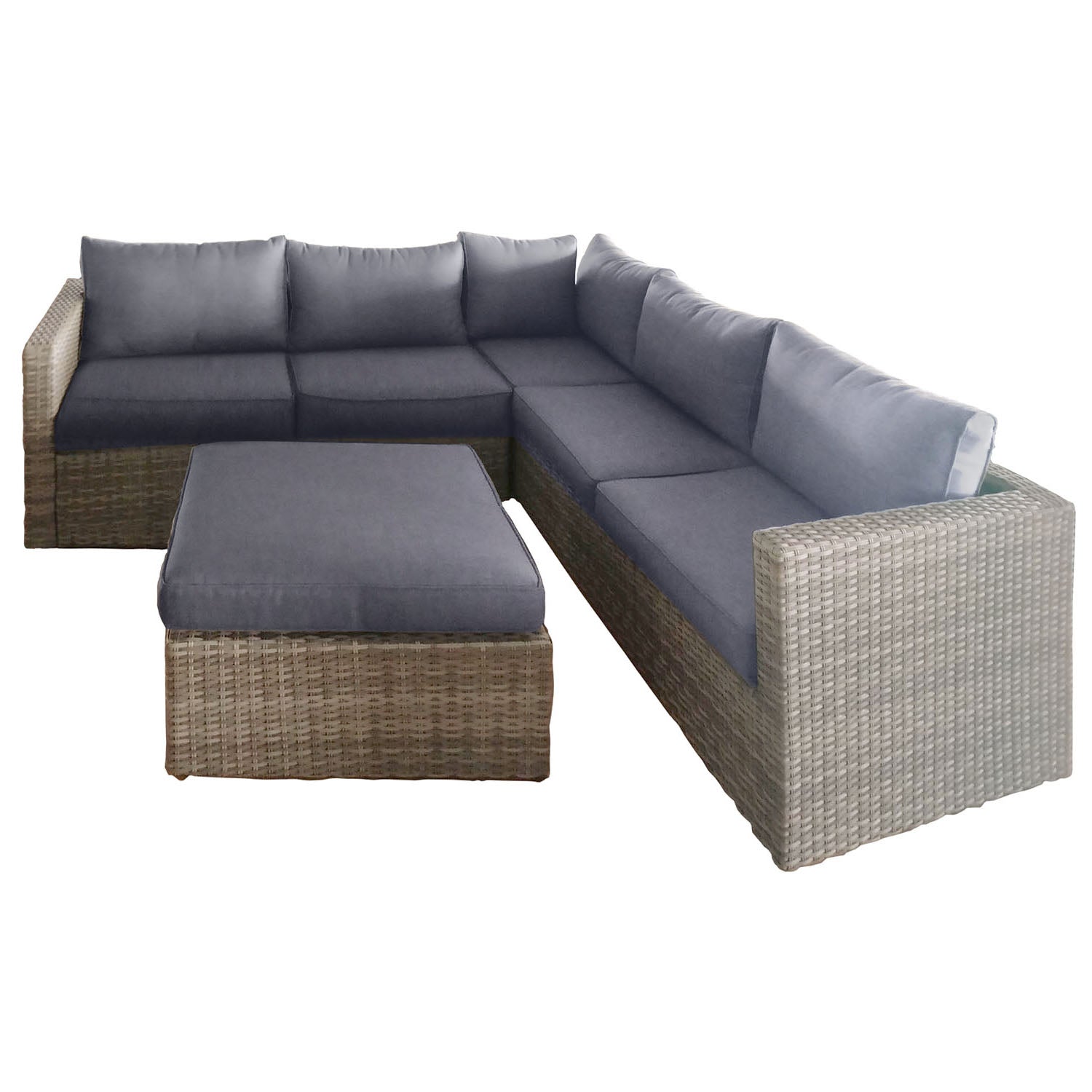 Lounge - Salotto da giardino in alluminio e polyrattan con divano 2 posti + divano 3 posti + tavolino/pouff. Set da giardino lounge modulare con divano angolare + 12 cuscini.