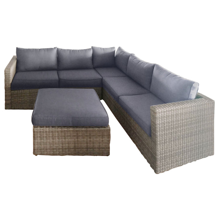 Lounge - Salotto da giardino in alluminio e polyrattan con divano 2 posti + divano 3 posti + tavolino/pouff. Set da giardino lounge modulare con divano angolare + 12 cuscini.