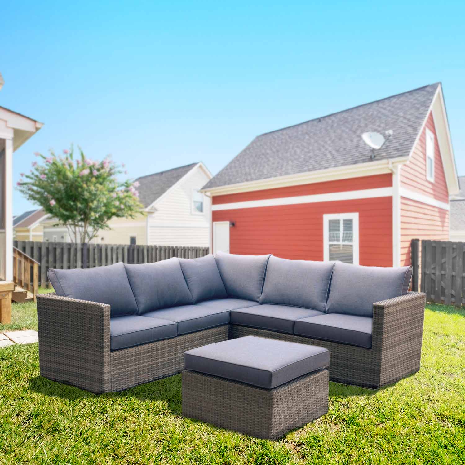 Lounge - Salotto da giardino in alluminio e polyrattan con divano 2 posti + divano 3 posti + tavolino/pouff. Set da giardino lounge modulare con divano angolare + 12 cuscini.