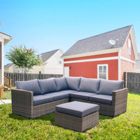 Lounge - Salotto da giardino in alluminio e polyrattan con divano 2 posti + divano 3 posti + tavolino/pouff. Set da giardino lounge modulare con divano angolare + 12 cuscini.