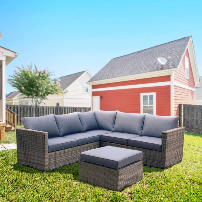 Lounge - Salotto da giardino in alluminio e polyrattan con divano 2 posti + divano 3 posti + tavolino/pouff. Set da giardino lounge modulare con divano angolare + 12 cuscini.