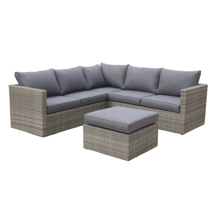 Lounge - Salotto da giardino in alluminio e polyrattan con divano 2 posti + divano 3 posti + tavolino/pouff. Set da giardino lounge modulare con divano angolare + 12 cuscini.