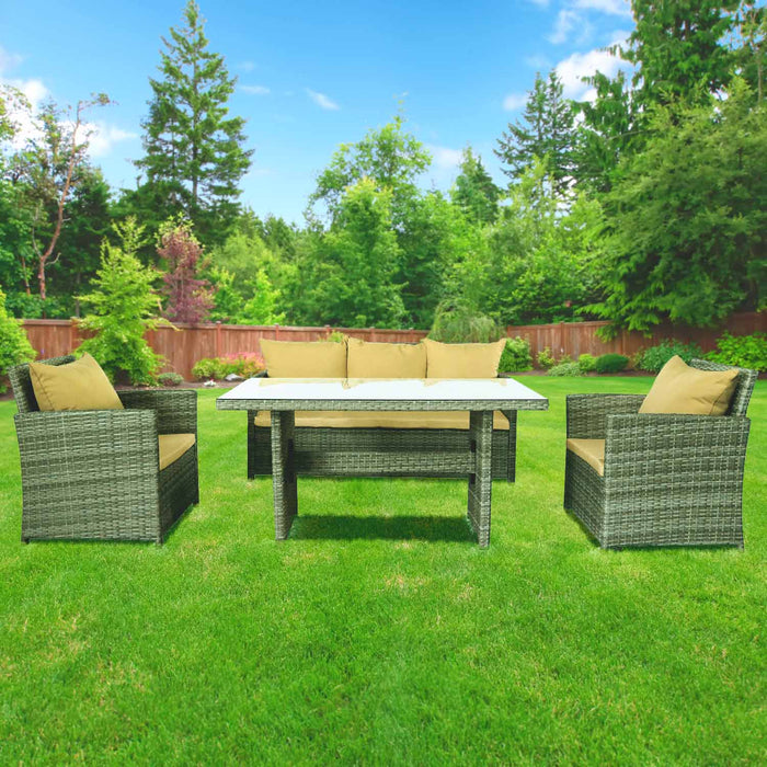 Lunch - Set da pranzo per esterni con divano + 2 poltrone + tavolo rettangolare con ripiano in vetro 5mm. Set da giardino 6 posti in alluminio e polyrattan completo di cuscini