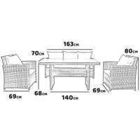 Lunch - Set da pranzo per esterni con divano + 2 poltrone + tavolo rettangolare con ripiano in vetro 5mm. Set da giardino 6 posti in alluminio e polyrattan completo di cuscini