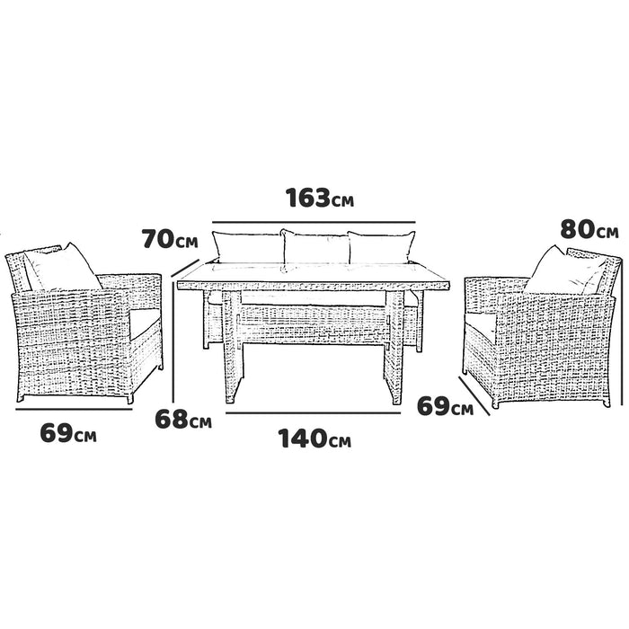 Lunch - Set da pranzo per esterni con divano + 2 poltrone + tavolo rettangolare con ripiano in vetro 5mm. Set da giardino 6 posti in alluminio e polyrattan completo di cuscini