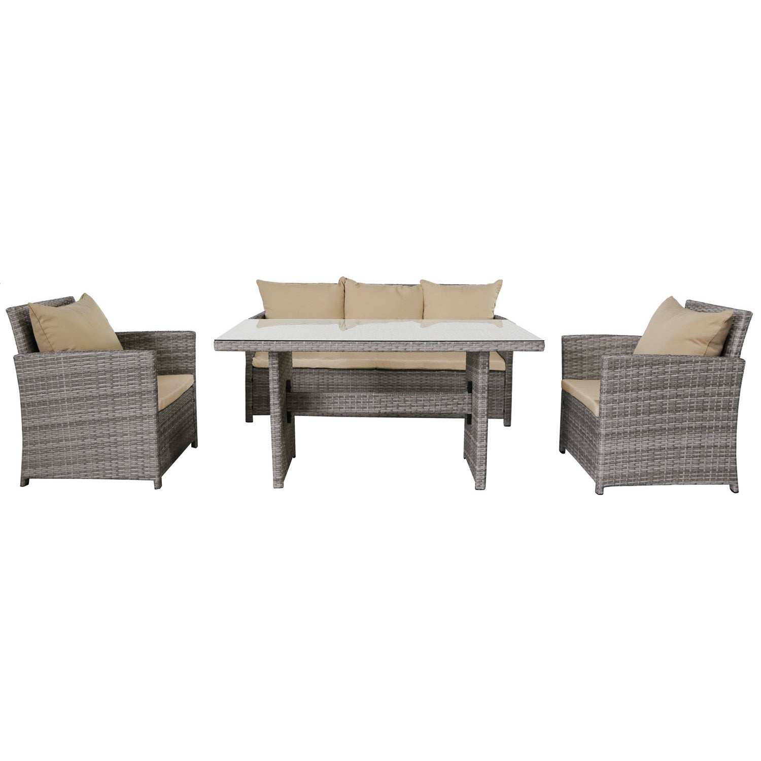 Lunch - Set da pranzo per esterni con divano + 2 poltrone + tavolo rettangolare con ripiano in vetro 5mm. Set da giardino 6 posti in alluminio e polyrattan completo di cuscini