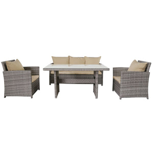 Lunch - Set da pranzo per esterni con divano + 2 poltrone + tavolo rettangolare con ripiano in vetro 5mm. Set da giardino 6 posti in alluminio e polyrattan completo di cuscini