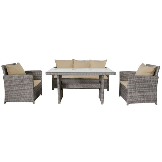 Lunch - Set da pranzo per esterni con divano + 2 poltrone + tavolo rettangolare con ripiano in vetro 5mm. Set da giardino 6 posti in alluminio e polyrattan completo di cuscini