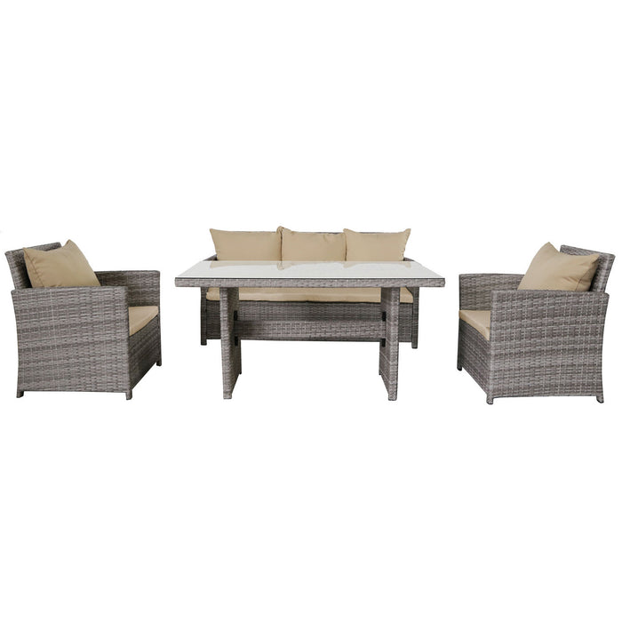 Lunch - Set da pranzo per esterni con divano + 2 poltrone + tavolo rettangolare con ripiano in vetro 5mm. Set da giardino 6 posti in alluminio e polyrattan completo di cuscini