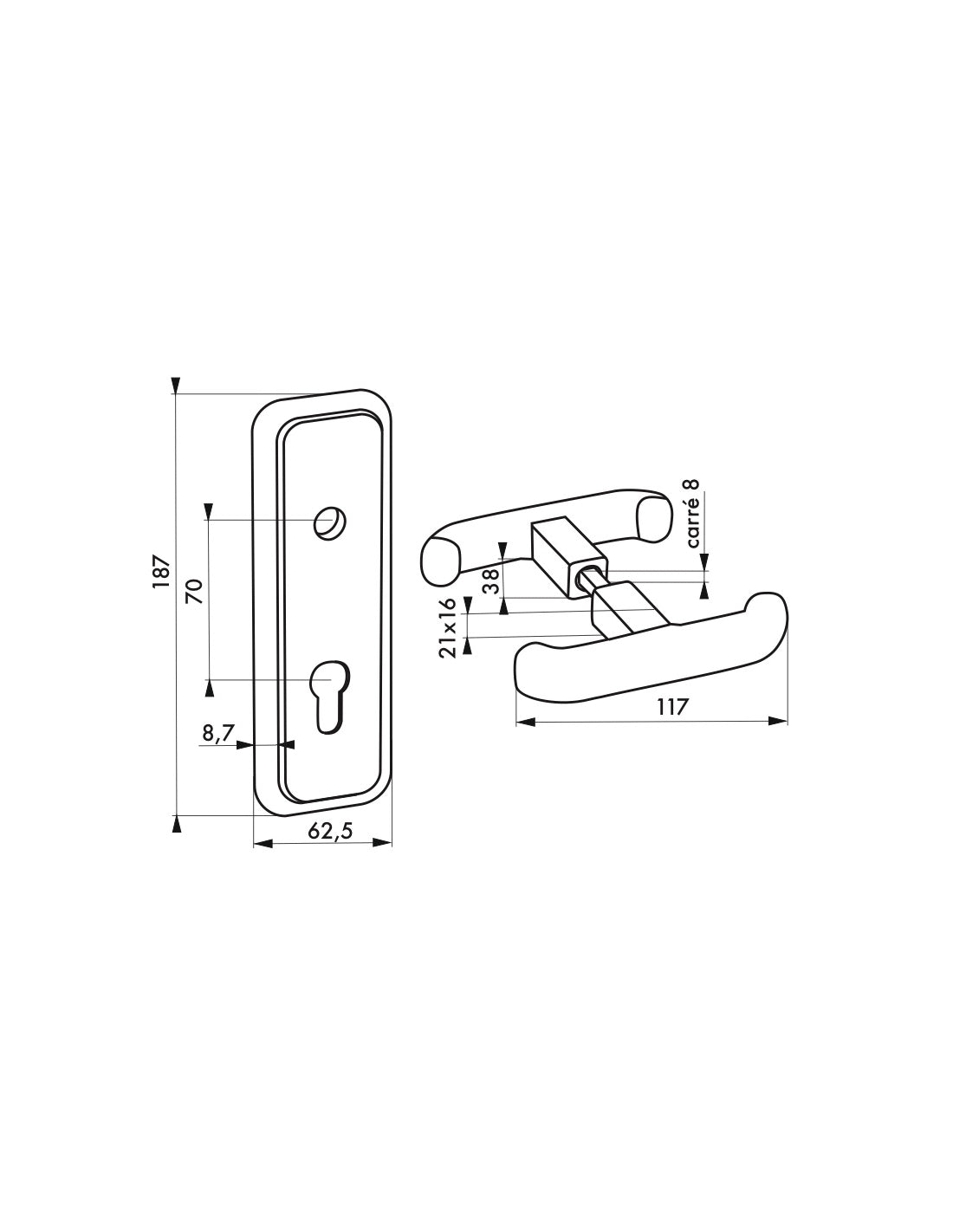 Set maniglia e piastra posteriore della porta basculante del garage T, 8mm quadrato, nero - THIRARD