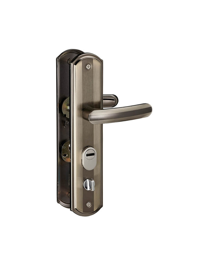 Maniglia per porta d'ingresso SET 68mm con defender integrato, alluminio brunito, apertura sinistra- THIRARD
