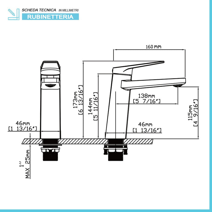 Set miscelatori cromato lucido lavabo e bidet in ottone Nemes