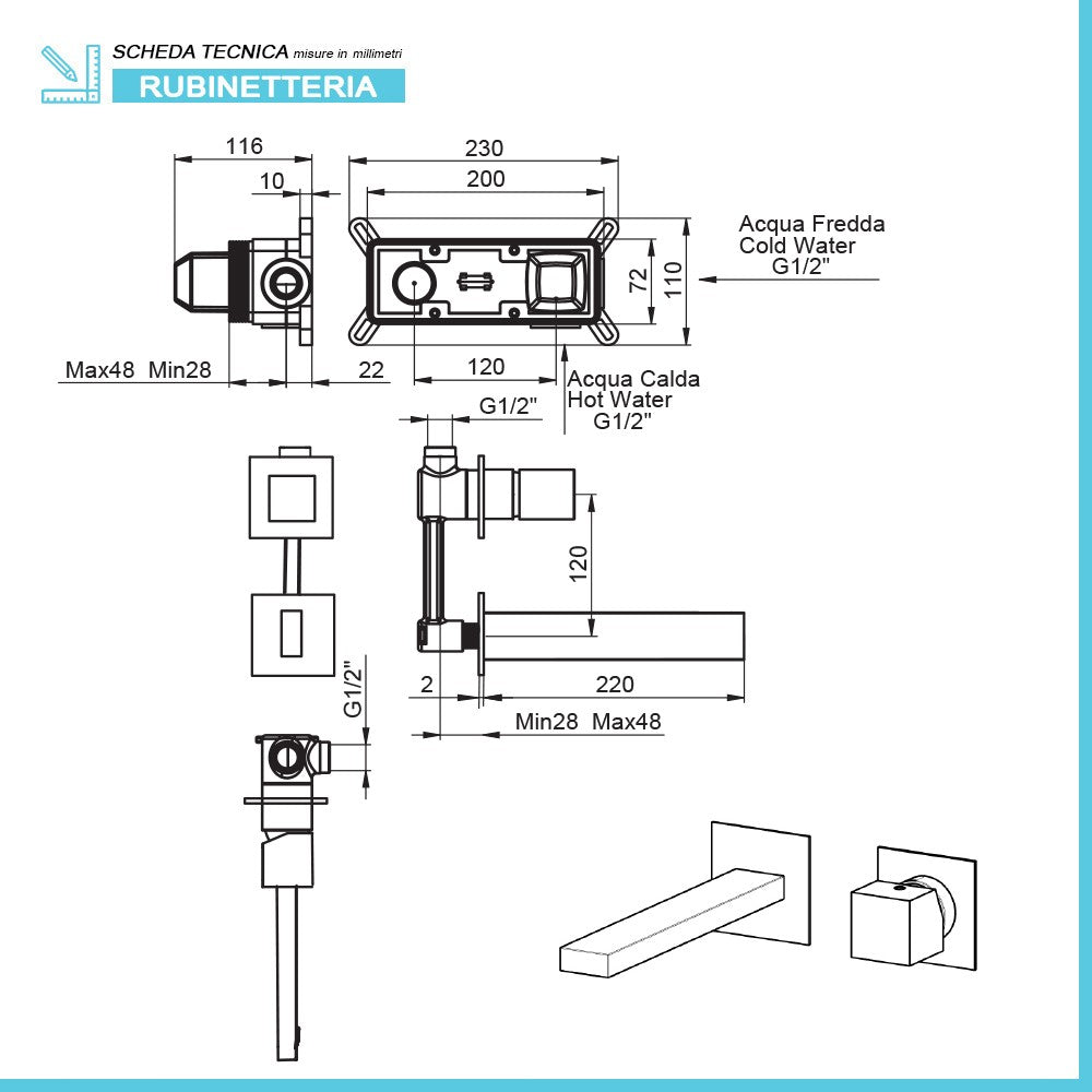 Set miscelatori lavabo a incasso e bidet cromato lucido  Torre