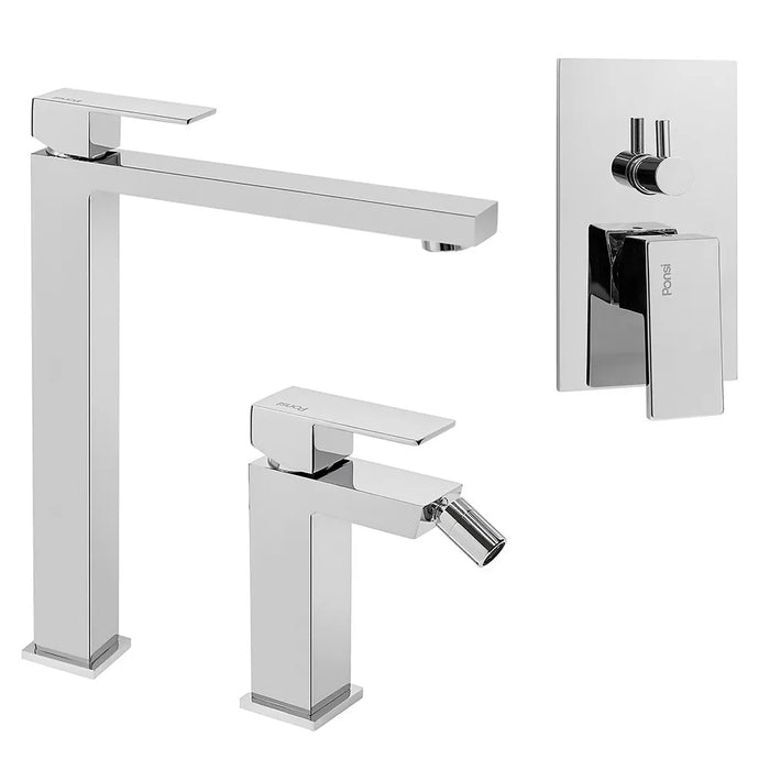 Set miscelatori lavabo alto bidet e doccia 3 vie cromati serie Italia