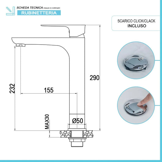 Set miscelatori lavabo alto bidet e doccia Flat con piletta click clack