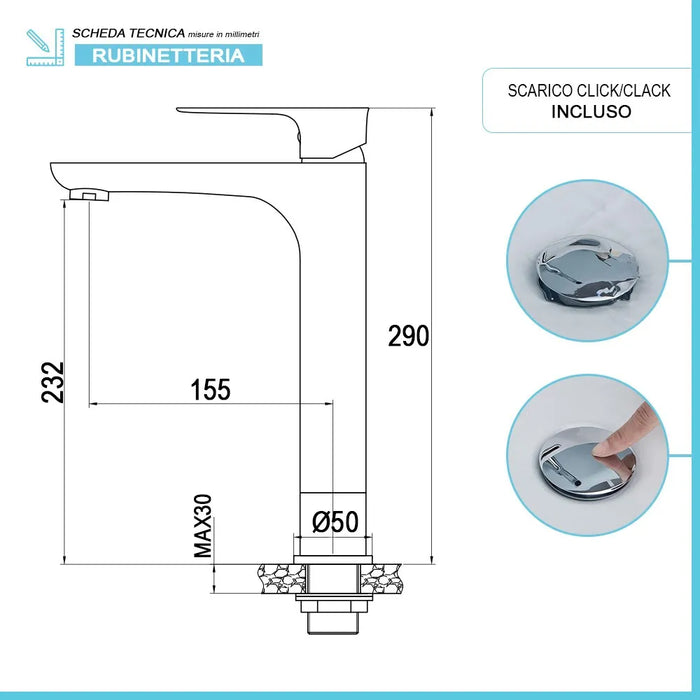 Set miscelatori lavabo alto bidet e doccia Flat con piletta click clack