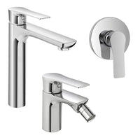 Set miscelatori lavabo alto bidet e doccia Flat con piletta click clack
