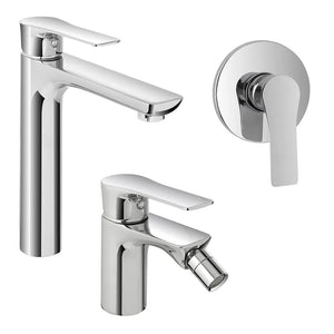 Set miscelatori lavabo alto bidet e doccia Flat con piletta click clack