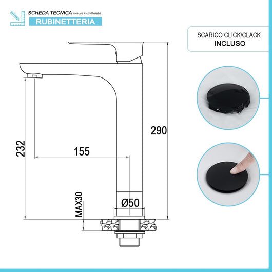 Set miscelatori lavabo alto bidet e doccia Flat nero opaco con piletta