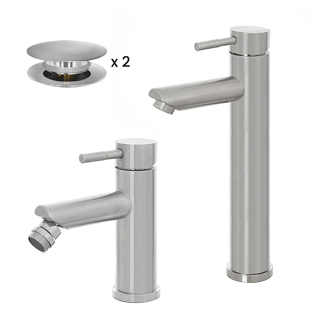 Set miscelatori lavabo alto e bidet acciaio spazzolato e piletta click-clack  York