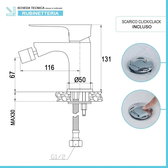 Set miscelatori lavabo alto e bidet Flat con piletta click clack