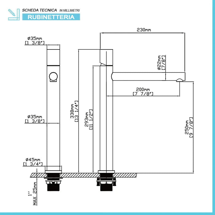 Set miscelatori lavabo alto e bidet satinato senza leva in acciaio inox Gemini