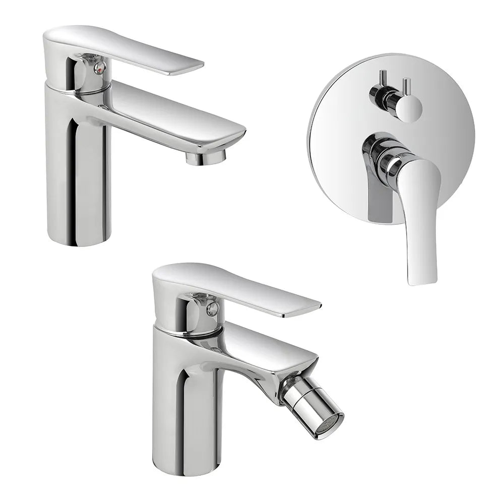 Set miscelatori lavabo bidet e doccia con deviatore in ottone Flat