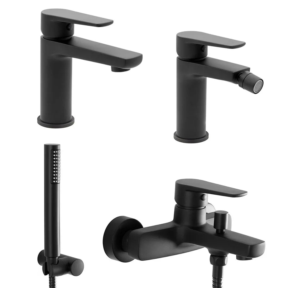 Set miscelatori lavabo bidet e vasca con doccino nero opaco  Erika