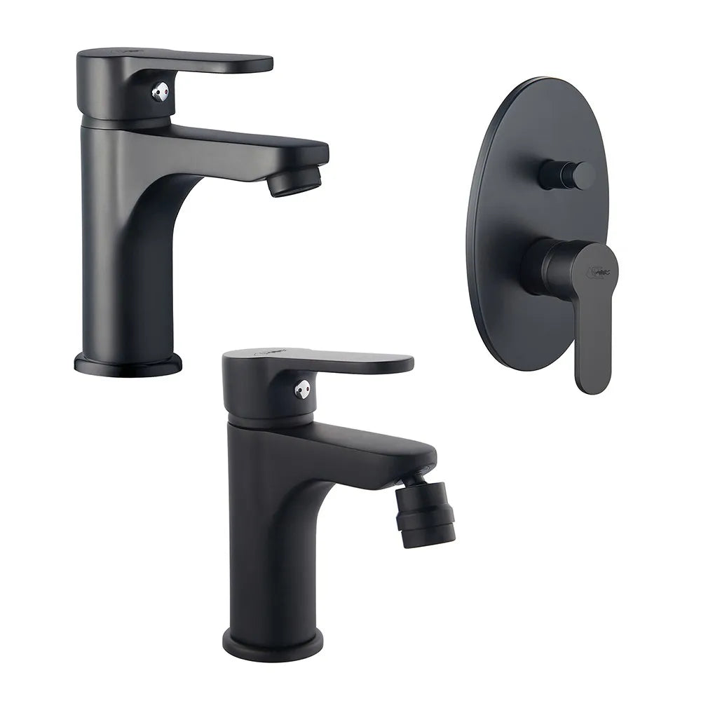 Set miscelatori nero opaco lavabo bidet e doccia incasso con deviatore Paco