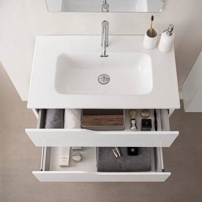 Set mobili bagno sospesi 100cm in legno mdf bianco e quercia Sumya