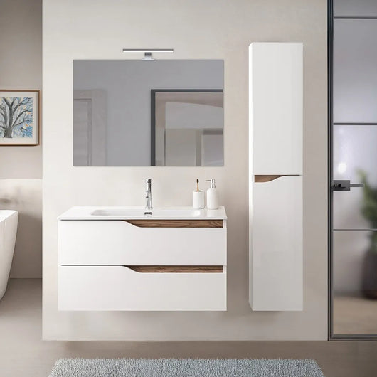 Set mobili bagno sospesi 100cm in legno mdf bianco e quercia Sumya