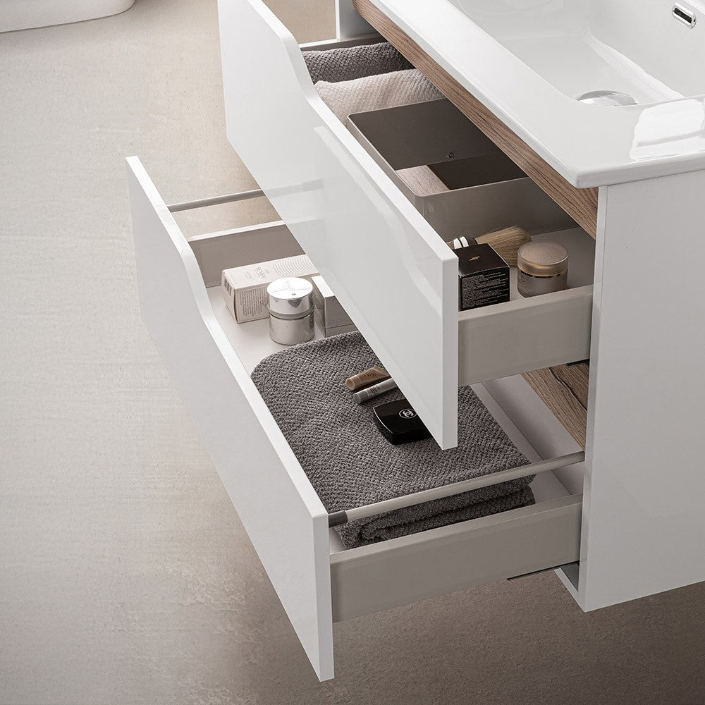 Set mobili bagno sospesi 100cm in legno mdf bianco e quercia Sumya