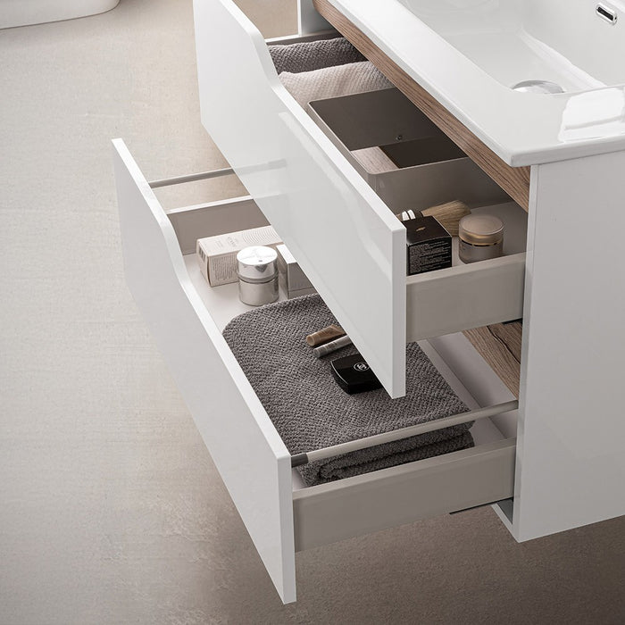 Set mobili bagno sospesi 80cm in legno mdf bianco e quercia Sumya