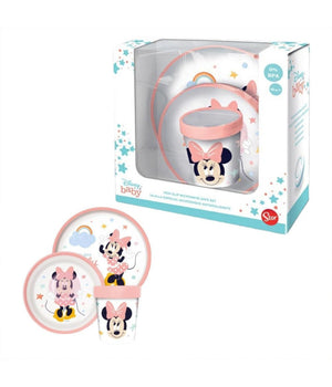 Set Pappa Minnie Mouse Bicchiere Piatti Antiscivolo Rosa Bambini Prima Pappa         