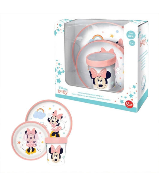 Set Pappa Minnie Mouse Bicchiere Piatti Antiscivolo Rosa Bambini Prima Pappa         