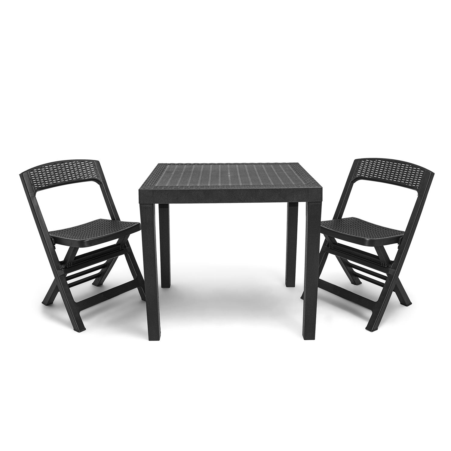 Poker - Set da pranzo in polyrattan con 2 sedie pieghevoli + tavolo 80x72x70H cm. Set bistrot da esterno con sedie + tavolo da giardino bianco o antracite