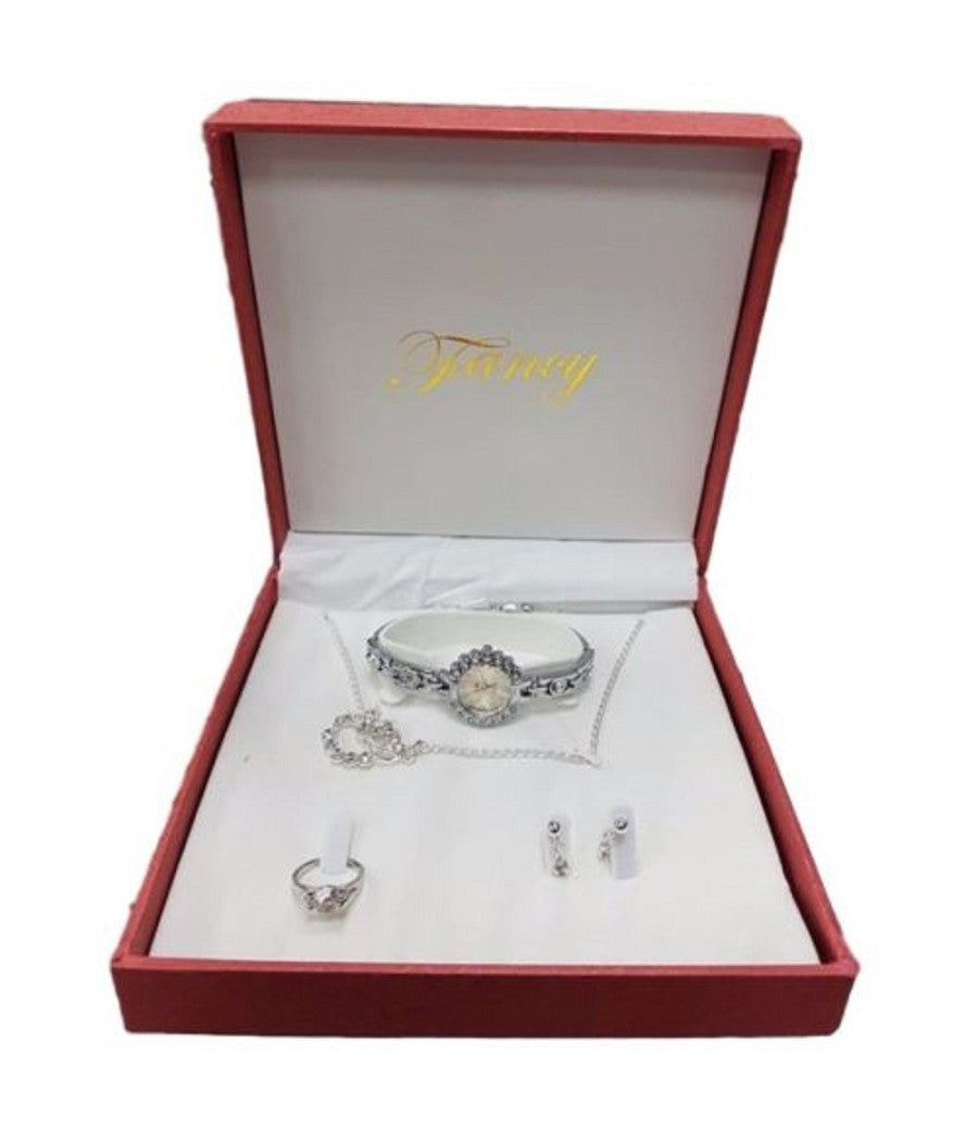 Set Regalo Per Donna Orologio Orecchini Collana Anello In Cofanetto Elegante         