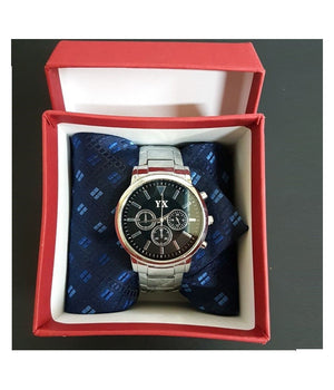 Set Regalo Per Uomo Orologio Quarzo Acciaio + Cravatta In Cofanetto Elegante         