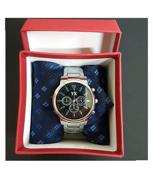 Set Regalo Per Uomo Orologio Quarzo Acciaio + Cravatta In Cofanetto Elegante         