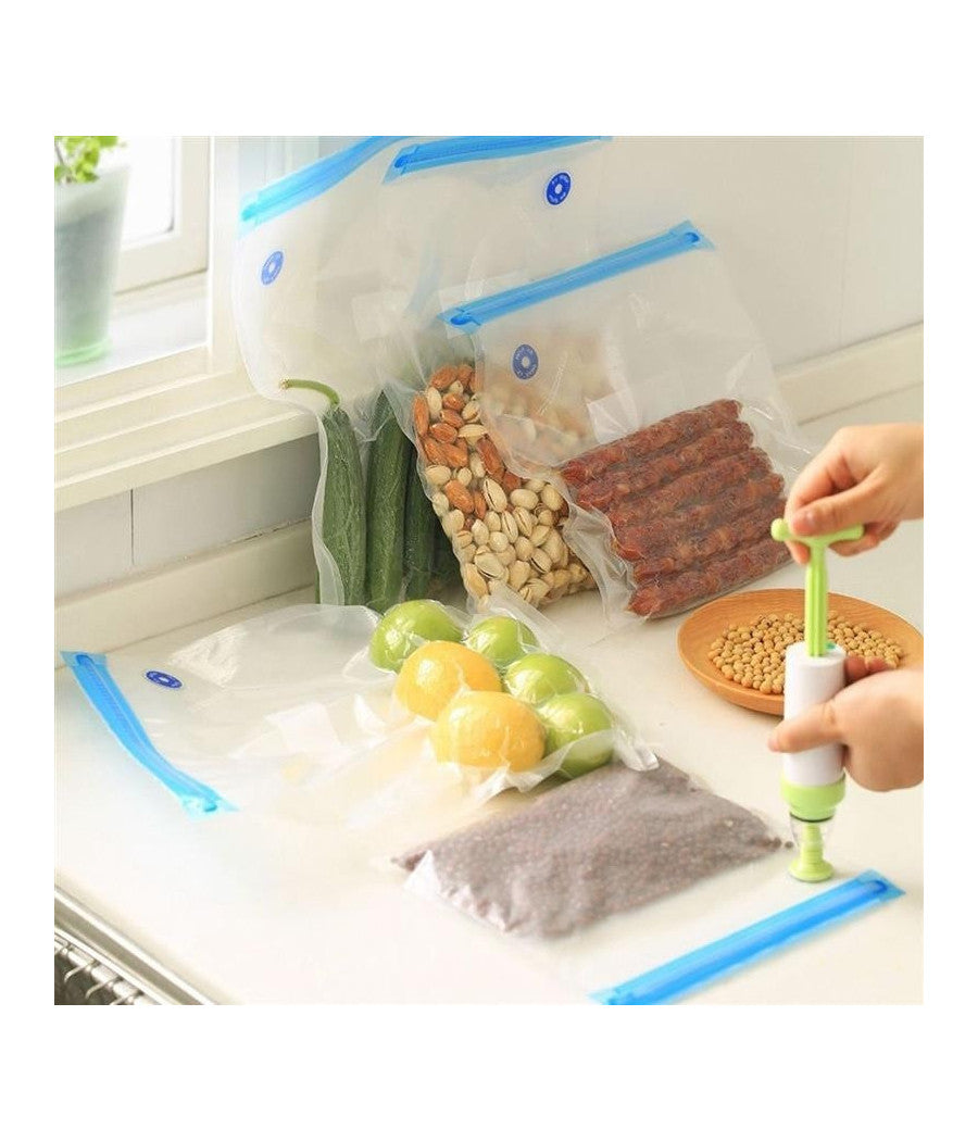 Set Sacchetti Zip Sottovuoto Con Pompa A Mano 2 Clip Chiudi Buste Sigilla Chiudi         