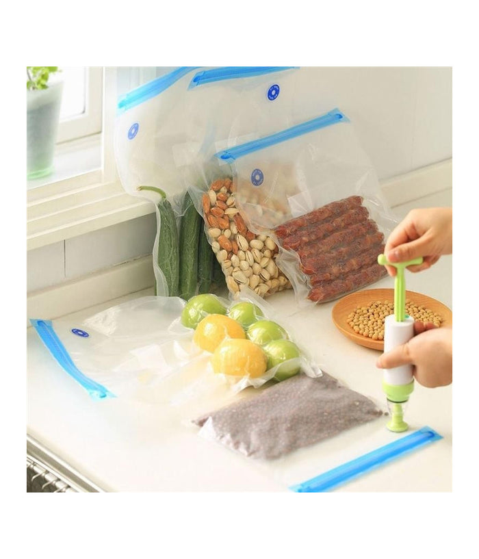 Set Sacchetti Zip Sottovuoto Con Pompa A Mano 2 Clip Chiudi Buste Sigilla Chiudi         