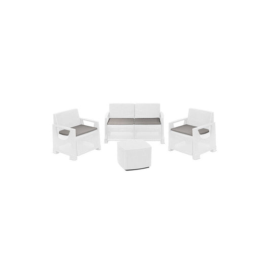 Set salotto da giardino 4 posti in resina effetto rattan – Divano, poltrone e tavolino – Bellagio bianco
