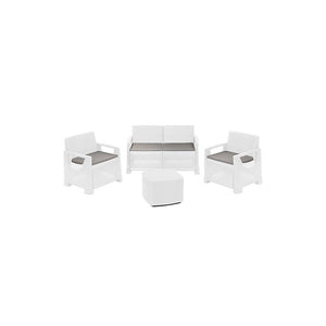 Set salotto da giardino 4 posti in resina effetto rattan – Divano, poltrone e tavolino – Bellagio bianco