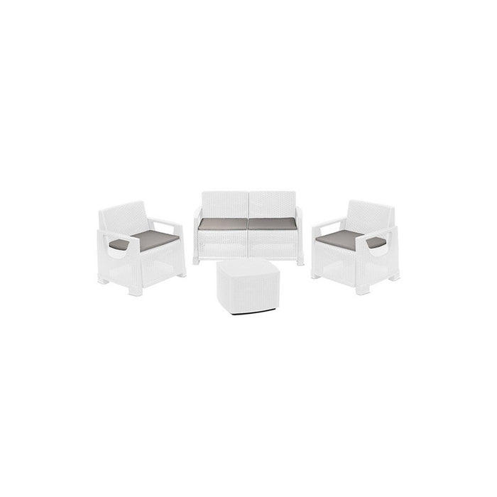 Set salotto da giardino 4 posti in resina effetto rattan – Divano, poltrone e tavolino – Bellagio bianco