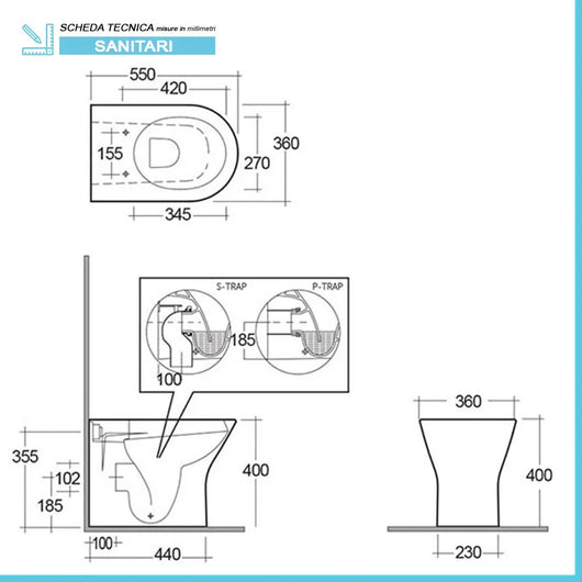 Set sanitari filomuro resort rimless in bianco lucido con copriwc flat soft close